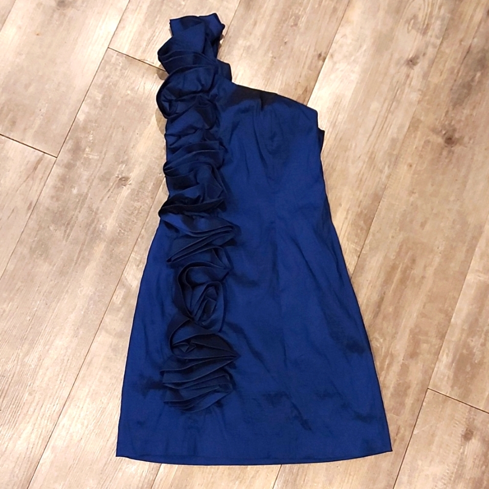 Rosetta trimmed metallic blue tafetta cocktail dress